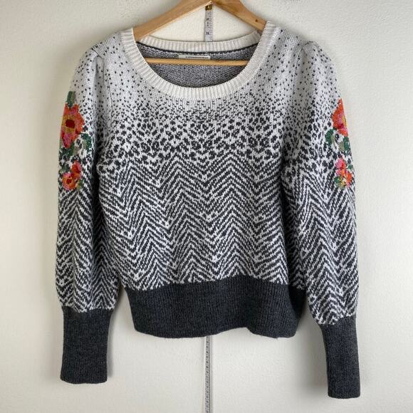 By Anthropologie Karolina Sweater Size LP Ivory Gray Floral Wool Jacquard Petite - Picture 9 of 16